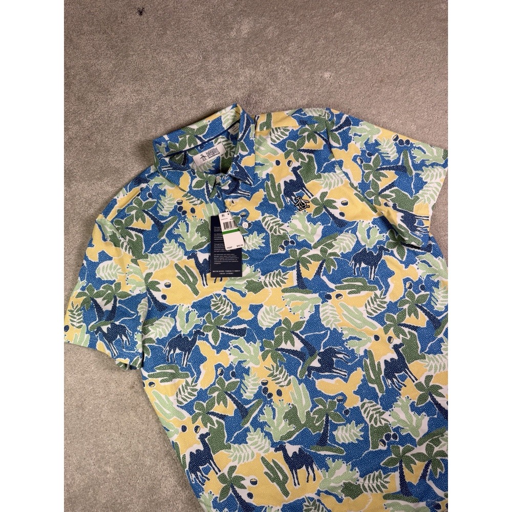 Original Penguin Men's L Polo Shirt Desert Camel Cactus AOP Golf Stretch NEW